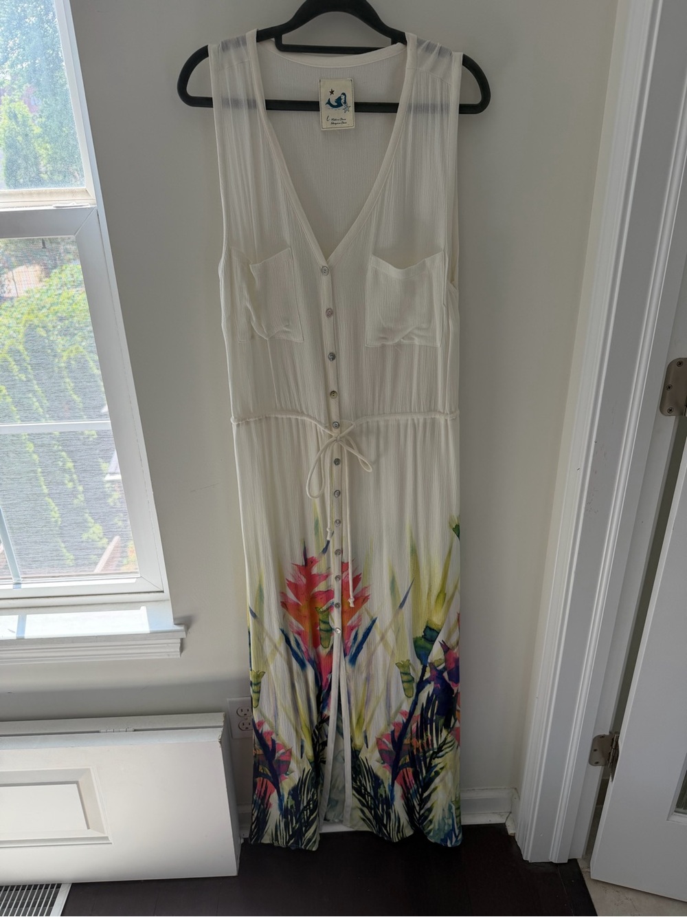 Anthropologie White Maxi Dress with Tropical Hem Print